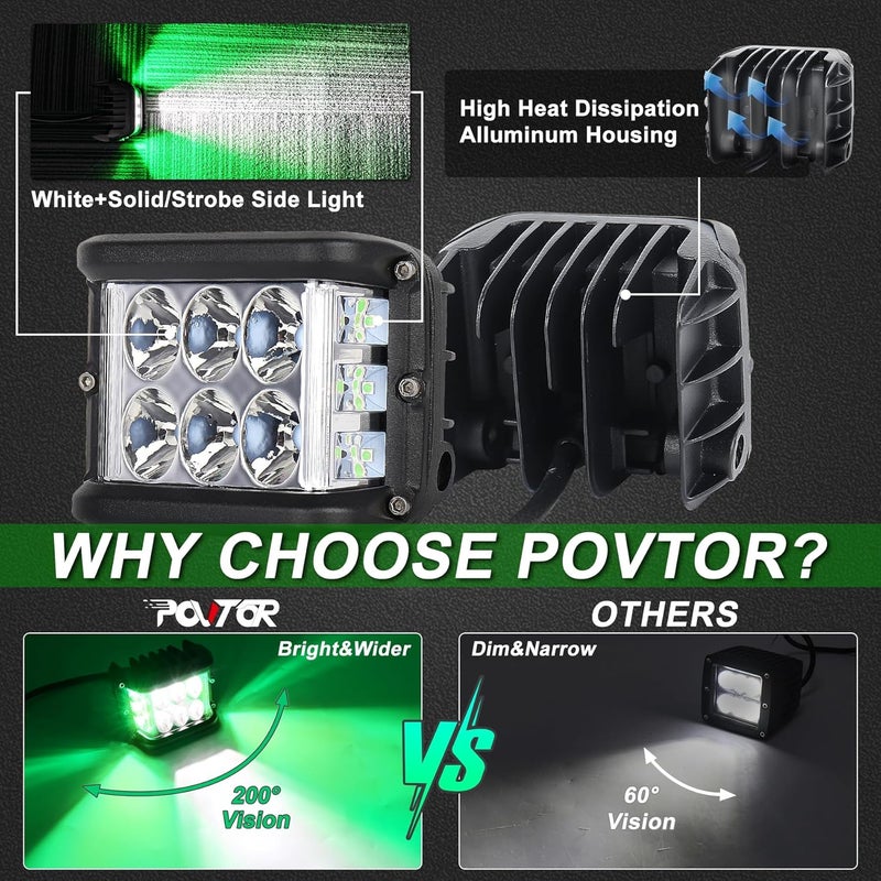 POVTOR أضواء بود LED مزدوجة الجوانب، 4 بوصة بود LED مع ضوء نهاري أخضر ثابت ووميض للقيادة على الطرق الوعرة للجرار، شاحنة الثلج، ATV، UTV، SUV، 4x4، قارب، دراجة نارية - Image 3